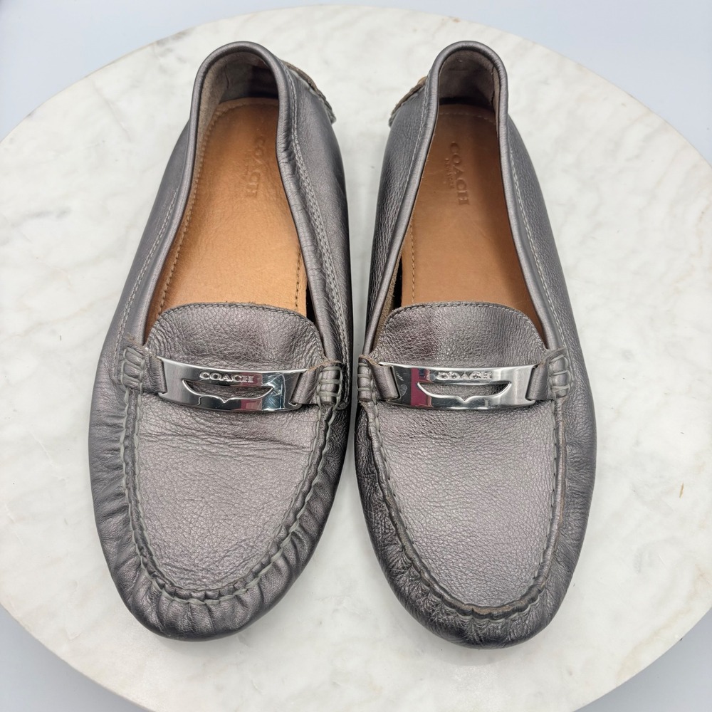 Coach Nola Driving Loafers‎ Womens 8.5B Gunmetal Metallic Leather Logo Flats